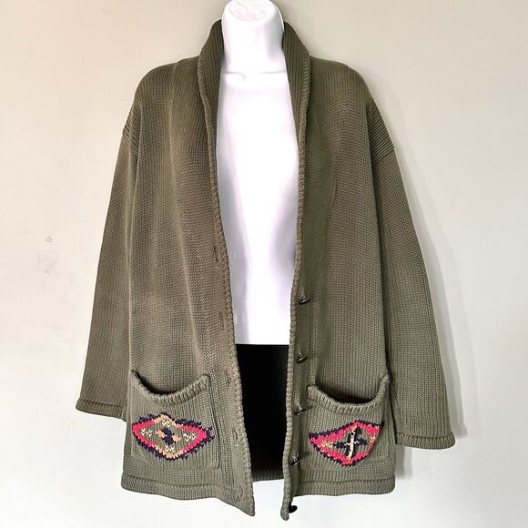 VTG Eddie Bauer Cardigan Sweater Women M Aztec Navajo Southwestern Green Pockets - Picture 2 of 11